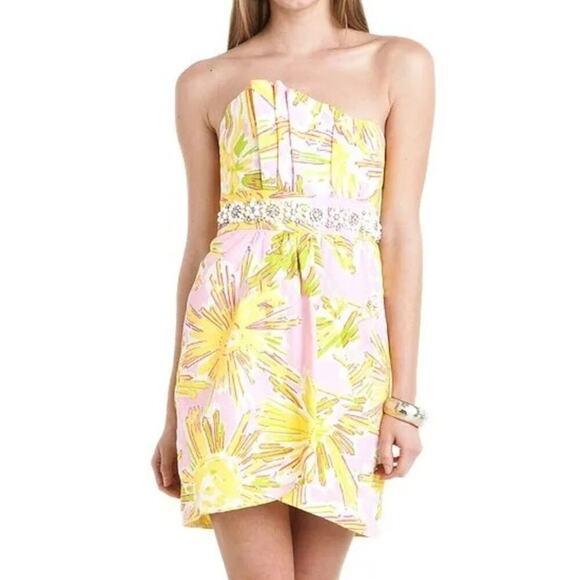 Lilly Pulitzer Crystal Skipping on Sunshine Yellow Pink Beaded Strapless Dress 4 - Picture 1 of 9